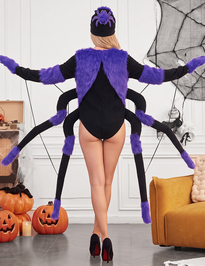 Halloween Spider Costume Bodysuit with Hat and Faux Fur Accents - Purple
