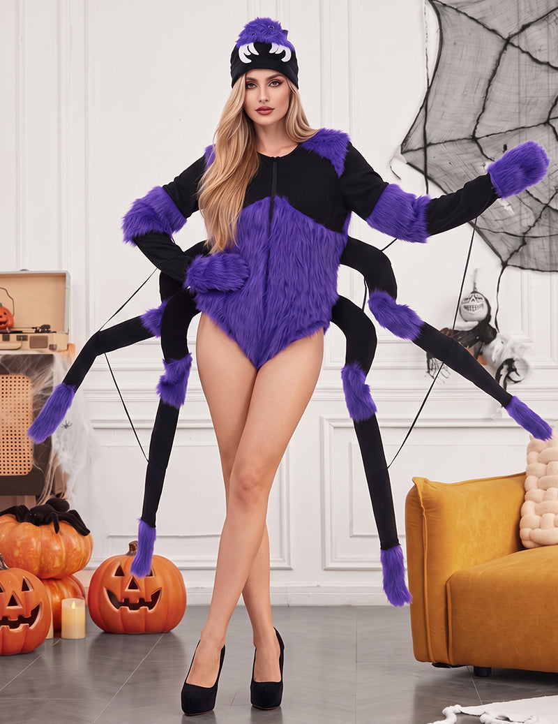 Halloween Spider Costume Bodysuit with Hat and Faux Fur Accents - Purple