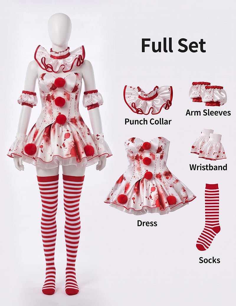 Halloween Clown Cosplay Dress Set with Ruffled Collar and Striped Stockings - Red/White