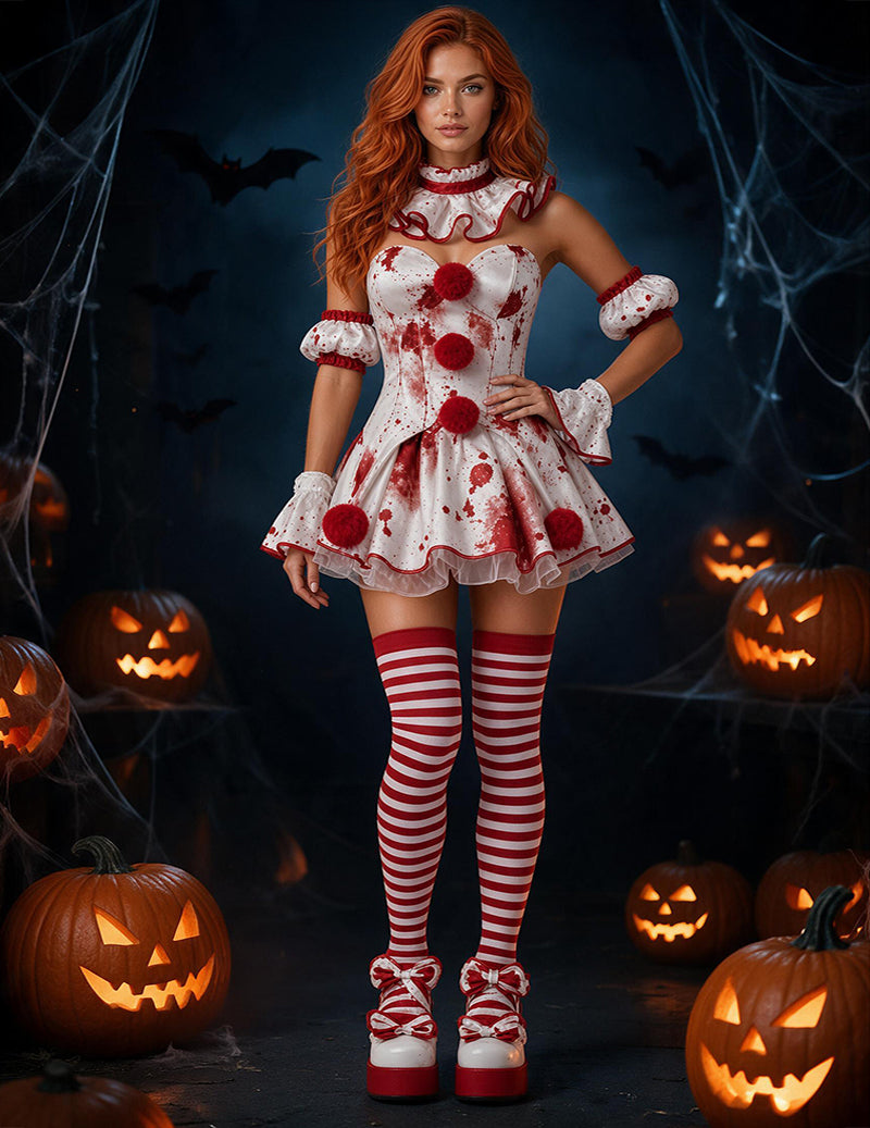 Halloween Clown Cosplay Dress Set with Ruffled Collar and Striped Stockings - Red/White