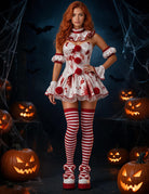 Halloween Clown Cosplay Dress Set with Ruffled Collar and Striped Stockings - Red/White