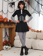 Gothic Marionette Puppet Cosplay Dress Set with Corset Belt and Striped Tights - Black
