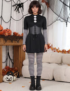 Gothic Marionette Puppet Cosplay Dress Set with Corset Belt and Striped Tights - Black