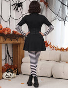 Gothic Marionette Puppet Cosplay Dress Set with Corset Belt and Striped Tights - Black
