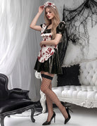 Vampire Maid Cosplay Dress Set with Blood Splatter Apron and Headpiece - Black