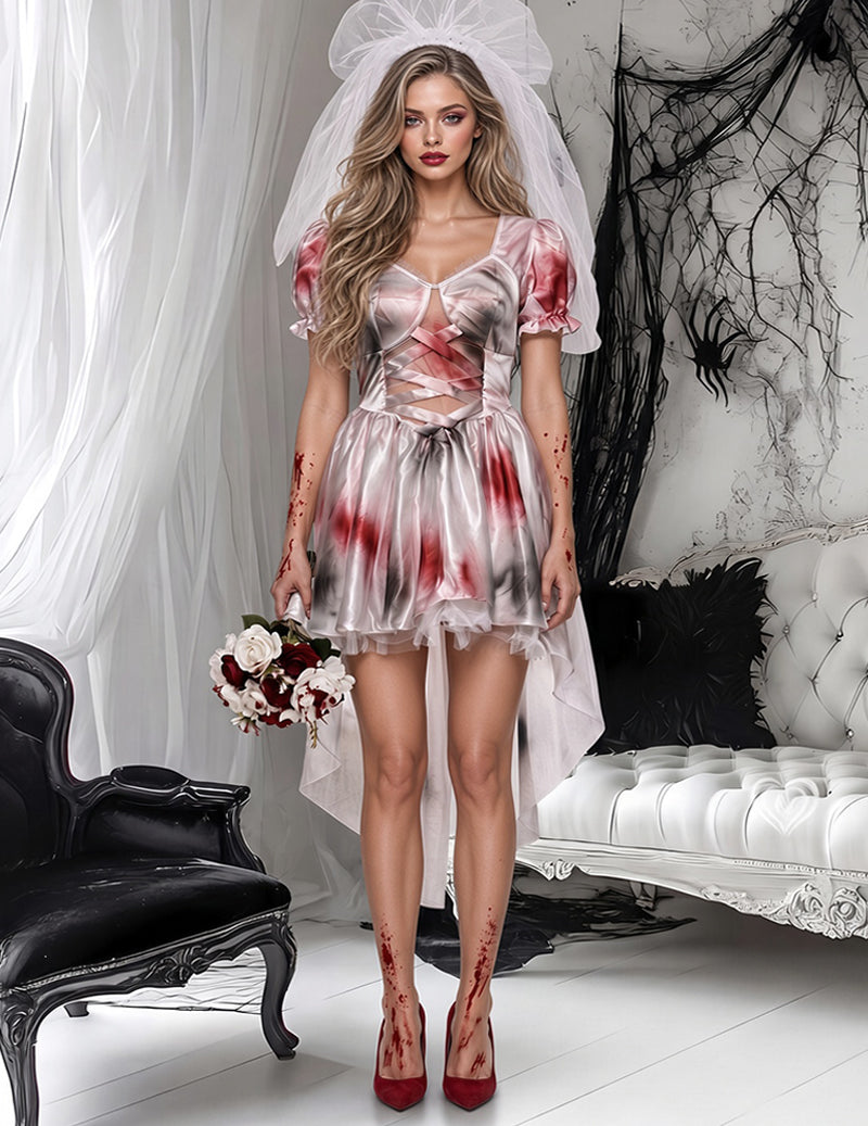 Zombie Bride Cosplay Dress Set with Veil and Blood Stain Details - Ivory