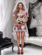 Zombie Bride Cosplay Dress Set with Veil and Blood Stain Details - Ivory