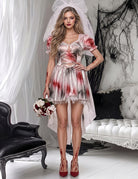 Zombie Bride Cosplay Dress Set with Veil and Blood Stain Details - Ivory