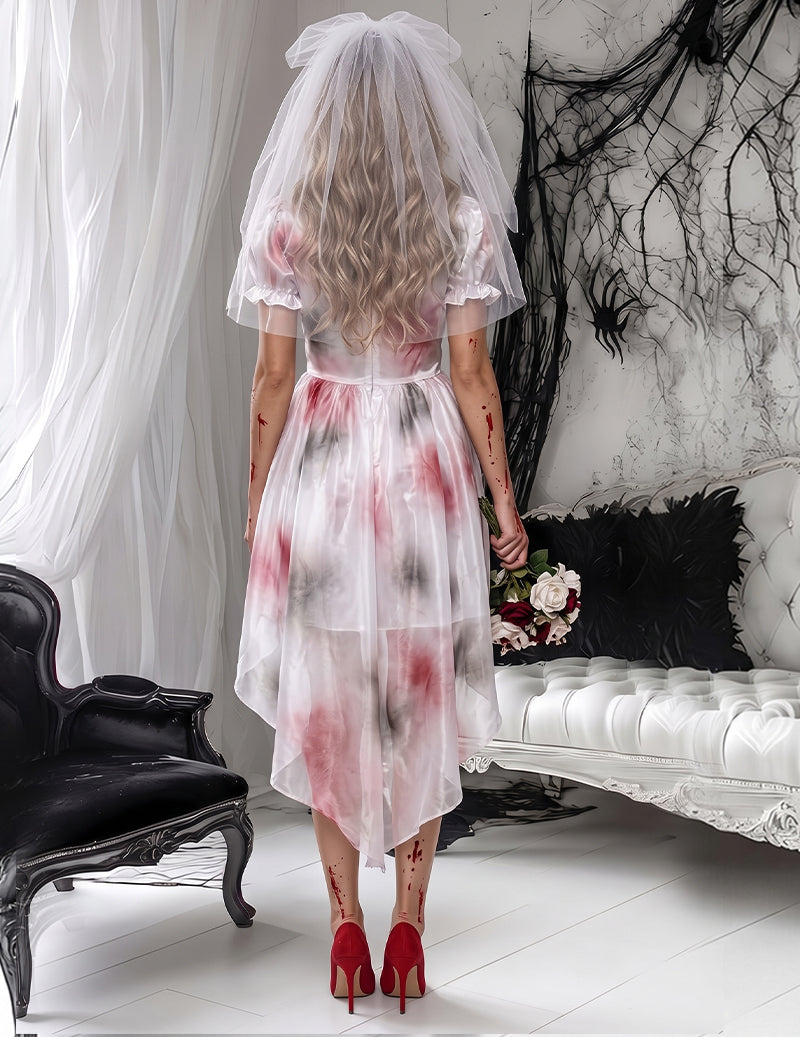 Zombie Bride Cosplay Dress Set with Veil and Blood Stain Details - Ivory