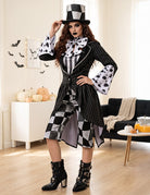 Cosplay costume set: black striped coat, checkered panels, bow tie scarf, top hat