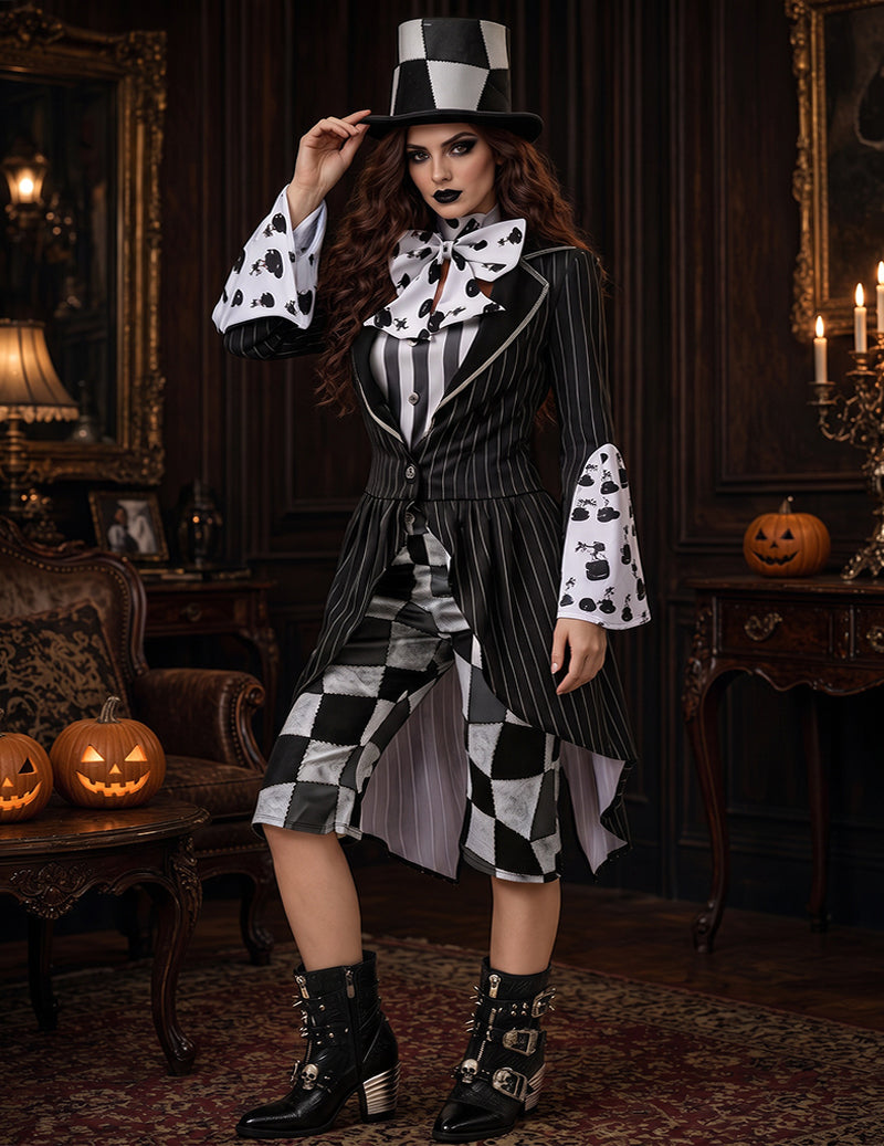 Cosplay costume set: black striped jacket, checkered front panels, bow tie, top hat