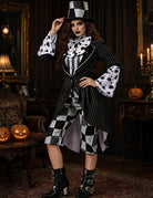 Cosplay costume set: back view of black striped coat with checkered hem, top hat