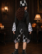 Cosplay costume set: side view of black striped coat with checkered cuffs, top hat