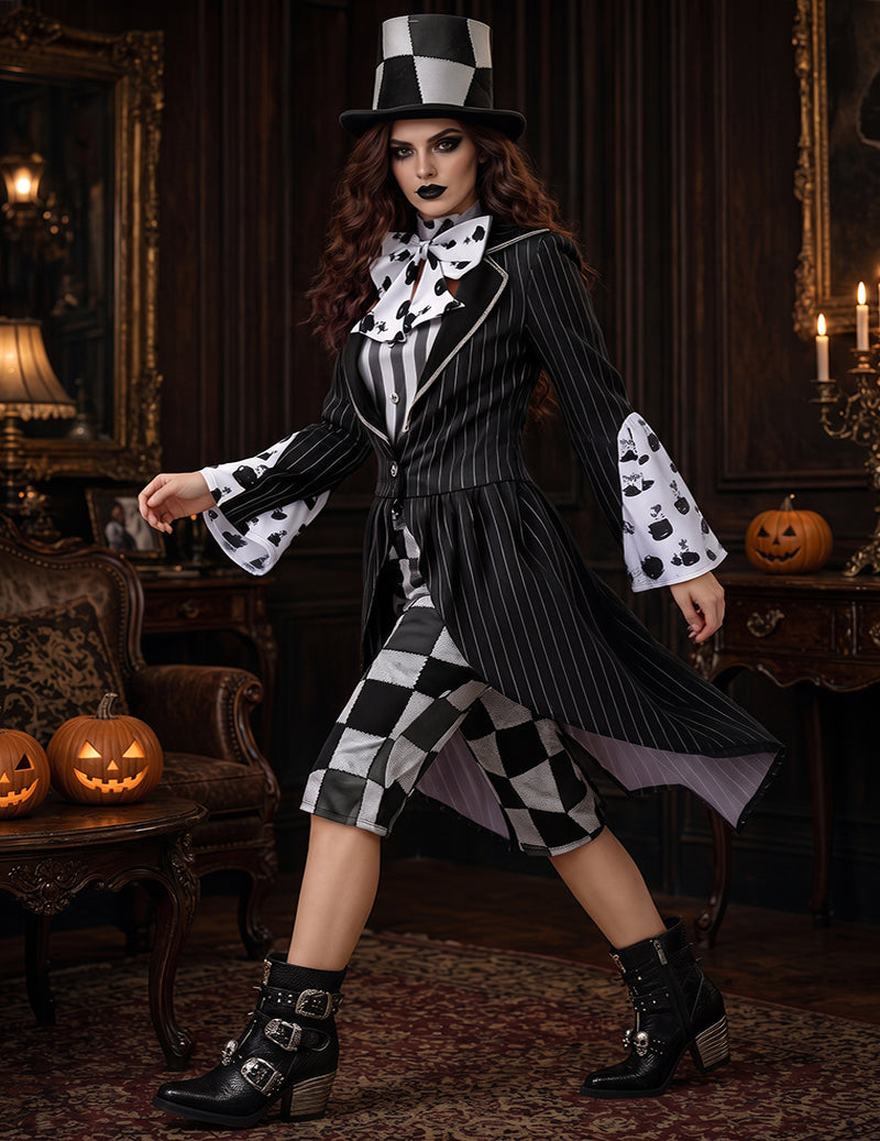 Cosplay costume set: black striped coat, checkered front, white bow tie, top hat and pants