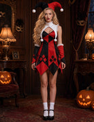 Clown cosplay dress with white ruffled collar, harlequin diamond bodice, flared hem