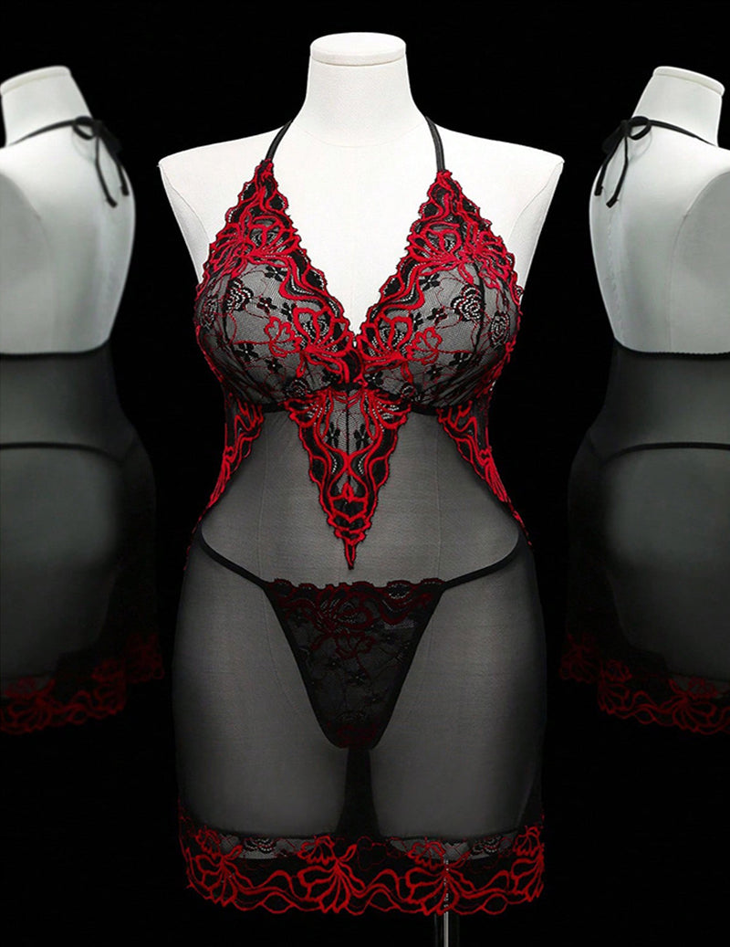 Sheer mesh lace babydoll lingerie set on white mannequin, red lace thong, black