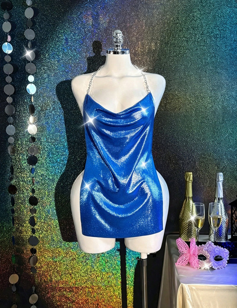 Blue holographic metallic bodycon mini dress on mannequin with cowl neckline and straps