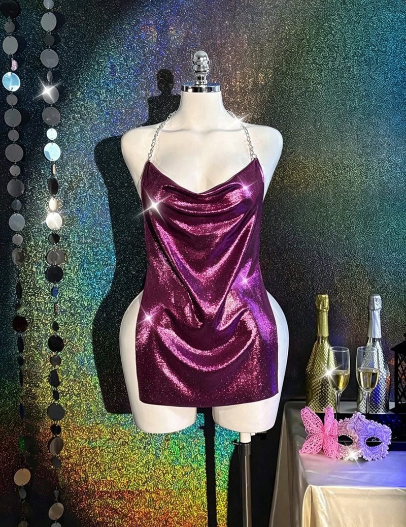 Purple holographic metallic bodycon mini dress on mannequin, cowl neck and chain straps