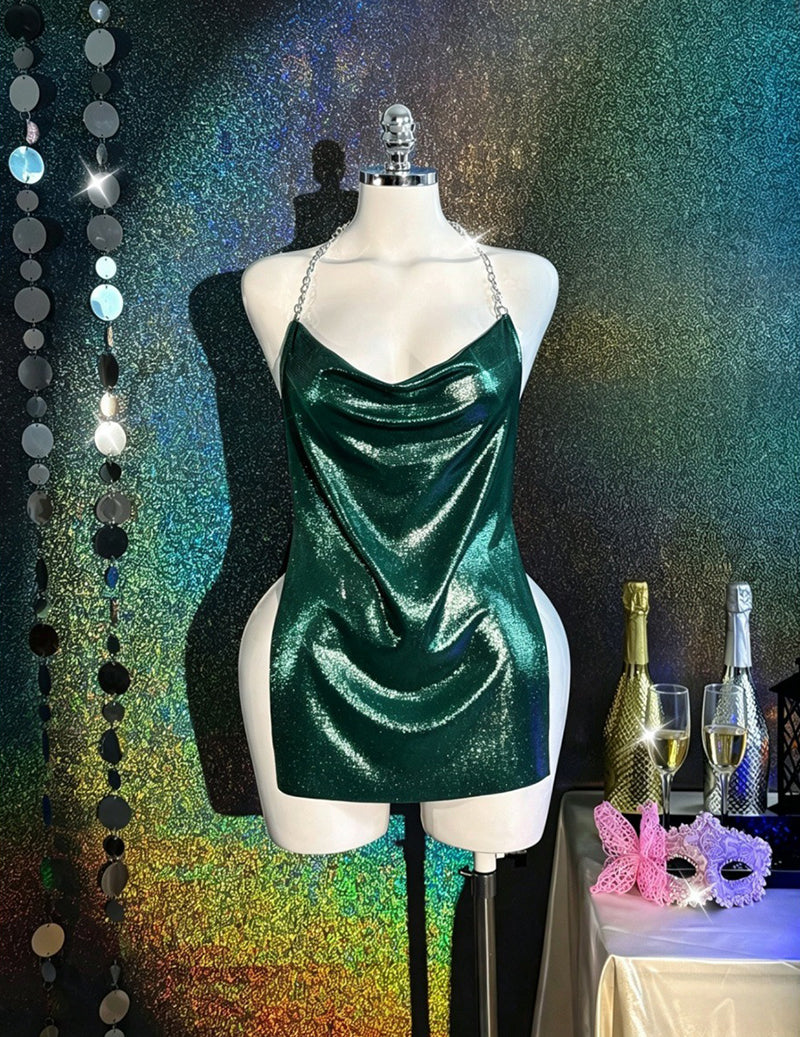 Green holographic metallic bodycon mini dress on mannequin, cowl neck and chain straps