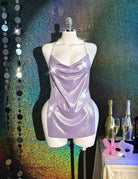 Light purple holographic metallic bodycon mini dress on mannequin with cowl neckline