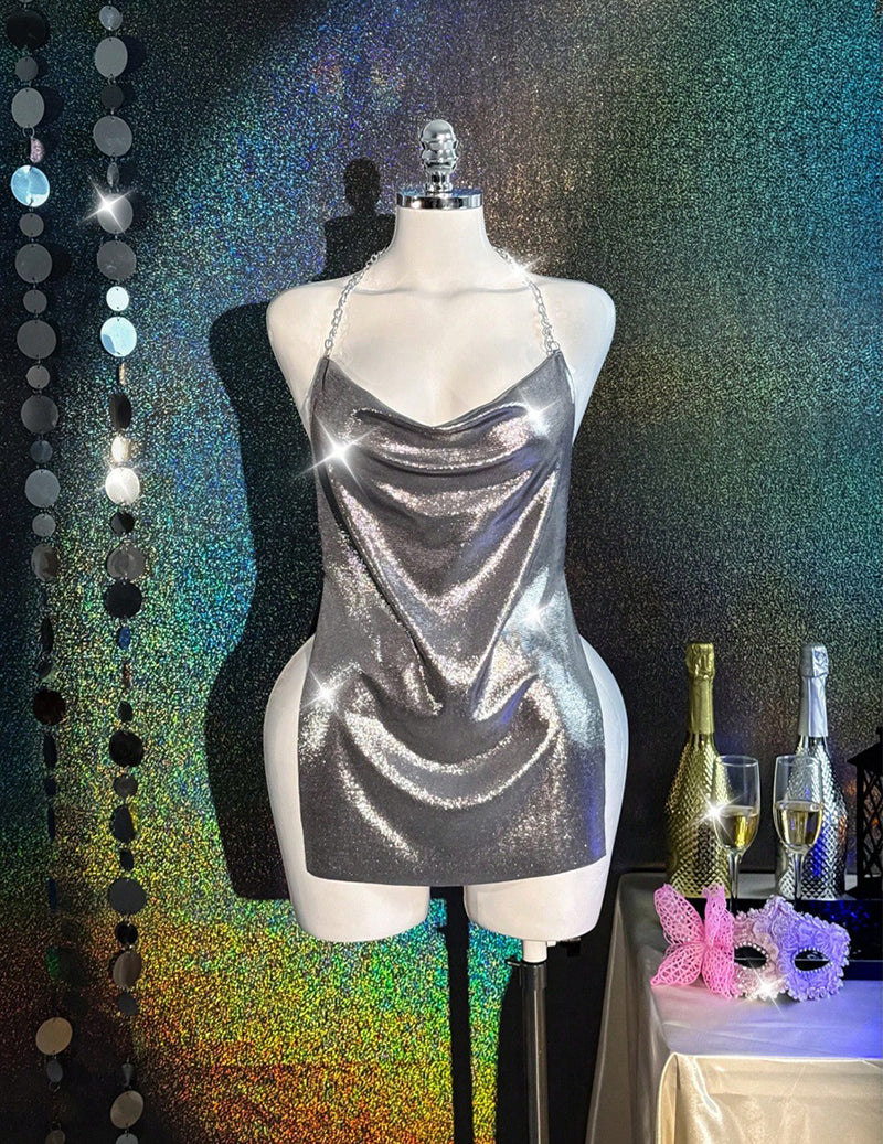 Silver holographic metallic bodycon mini dress on a mannequin with cowl neckline