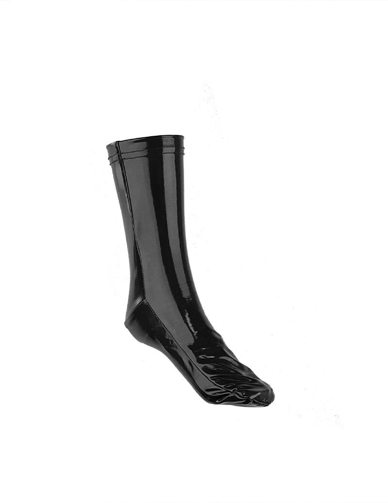 Black glossy patent leather-style ankle socks with ribbed shaft