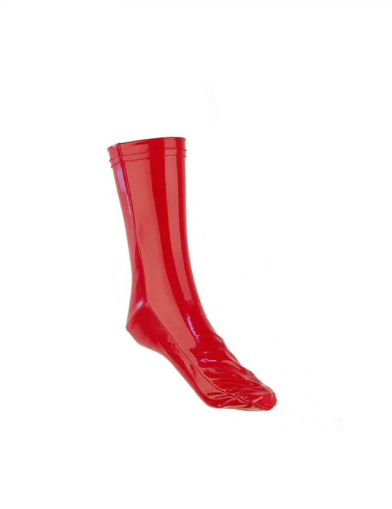 Red glossy patent leather-style ankle socks with ribbed shaft