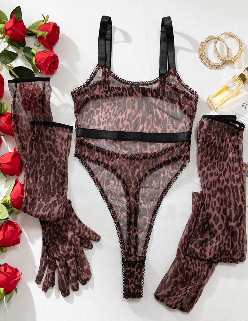 Leopard print mesh lingerie set: bodysuit, opera gloves, and thigh-high stockings