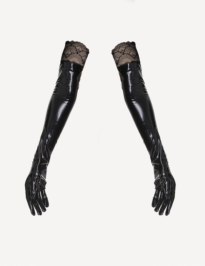Patent Leather Opera Length Gloves with Lace Cuff