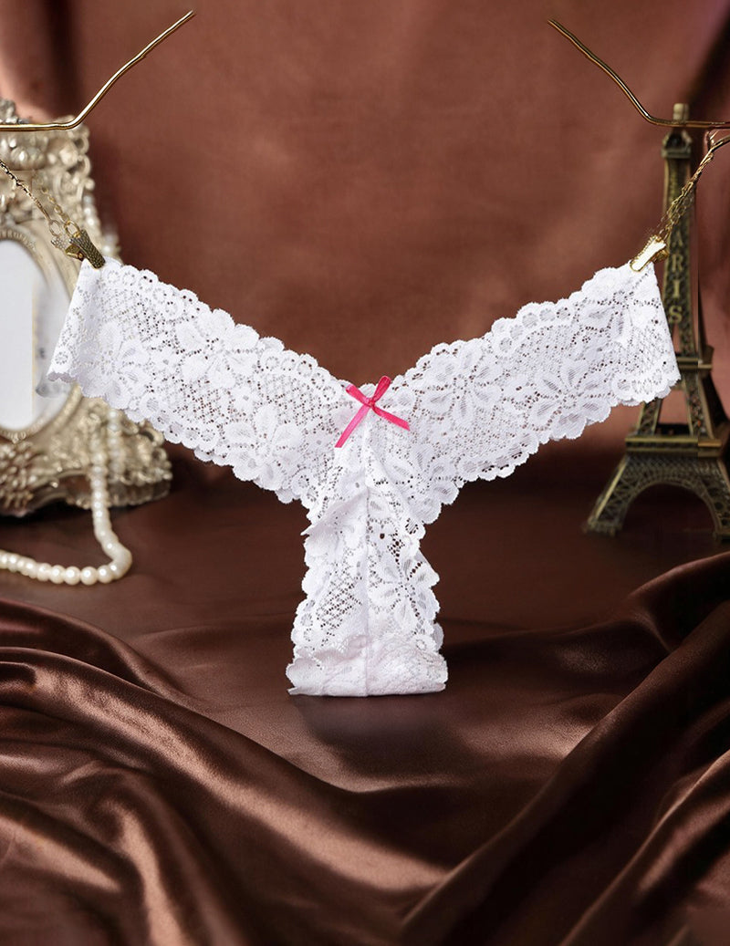 White sheer floral lace thong with satin bow and scalloped edges