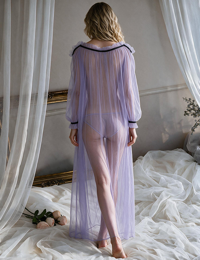 Light purple sheer mesh maxi robe with tie belt and bishop sleeves, back view