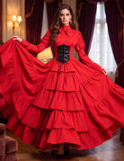 Crimson red tiered maxi gown with puff sleeves and lace-up waist cincher