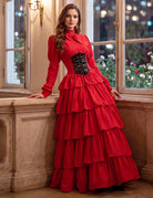 Crimson red tiered maxi gown with high collar, puff sleeves, lace-up waist cincher