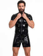 Men Patent Leather Mesh Panel Zip Front Short Romper