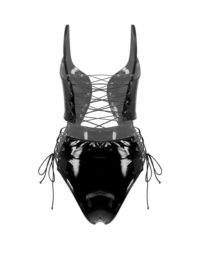 Black patent leather bodysuit with lace-up back corset and tie side strings
