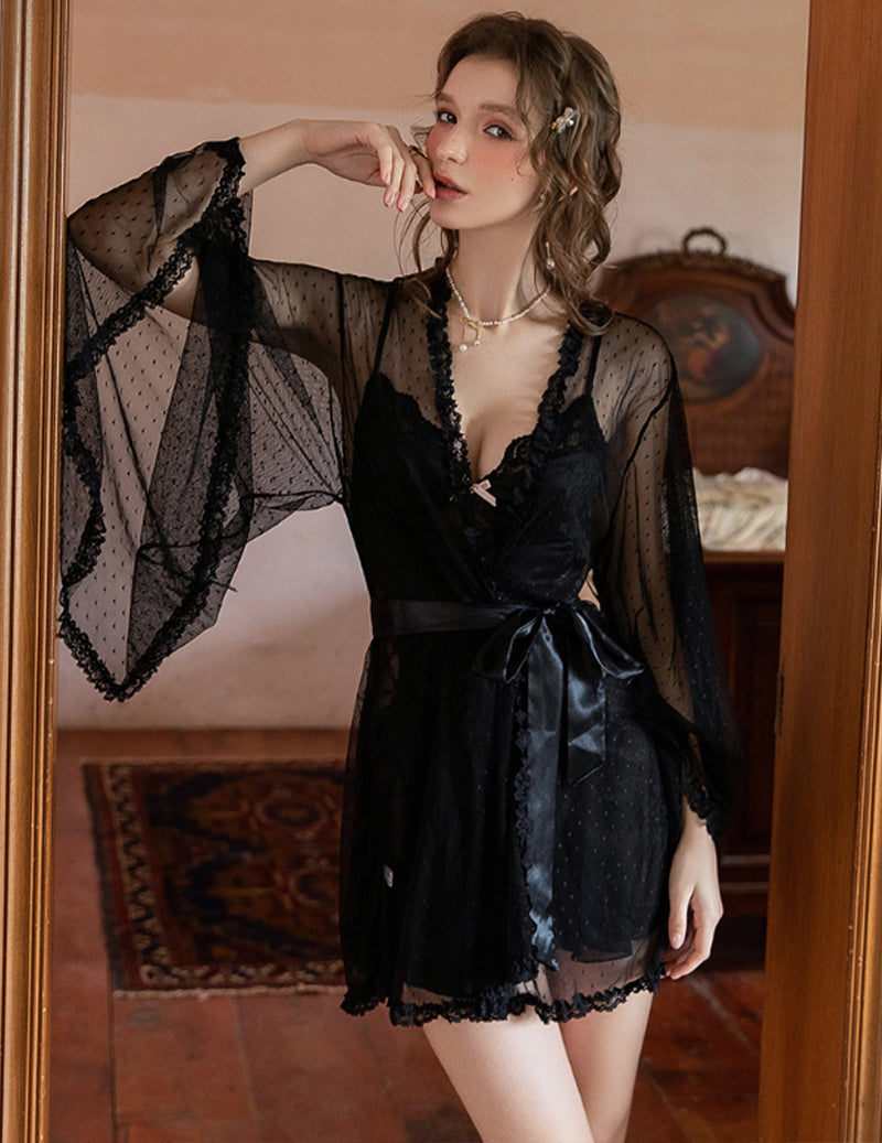 Black satin lace chemise and polka-dot sheer robe set, V-neck with scalloped trim