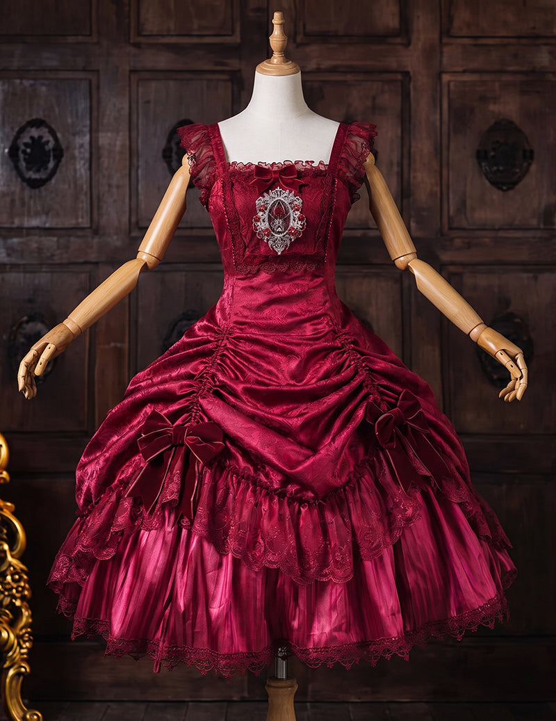 Wine red satin mini dress with square neck, ruffled lace sleeves, and layered skirt