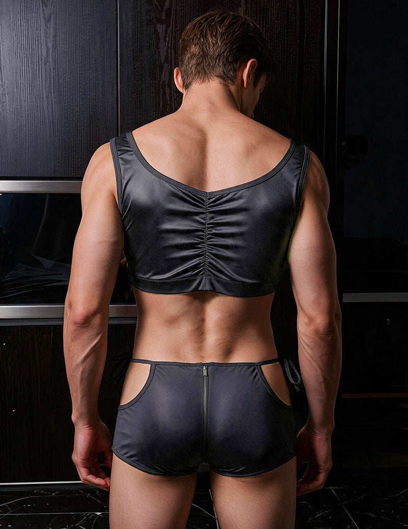 Men's charcoal grey backless crop top and shorts set with waistband zipper