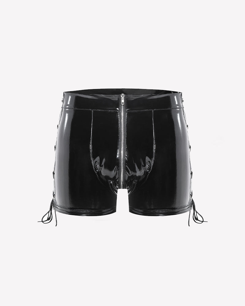 Men Glossy Lace-Up Zip Front Boxer Briefs
