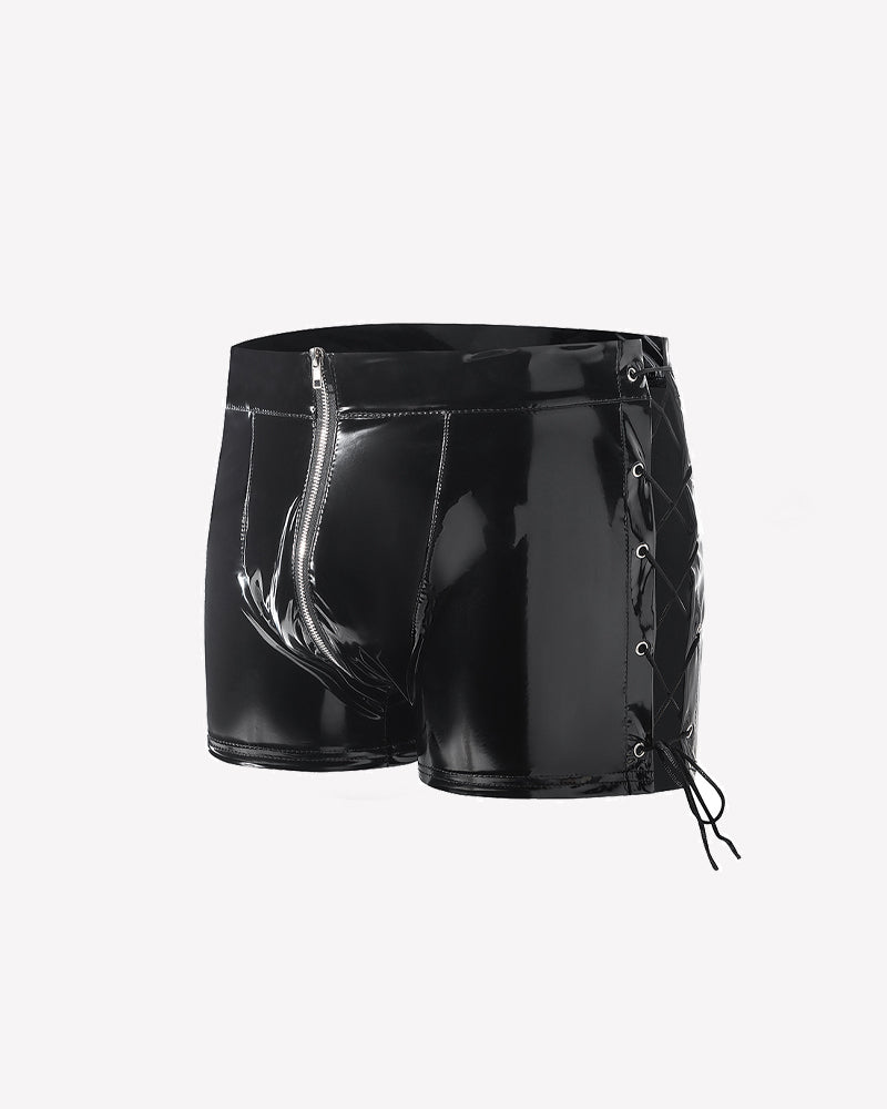 Men Glossy Lace-Up Zip Front Boxer Briefs