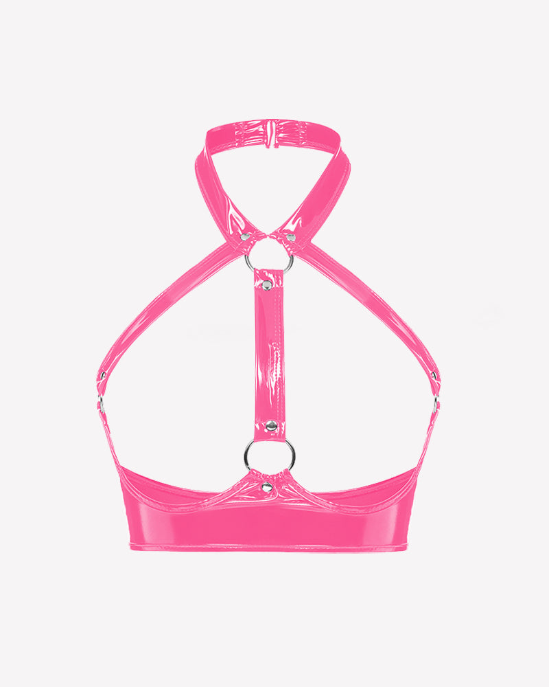 Glossy Halter Harness Bra with Metal Rings