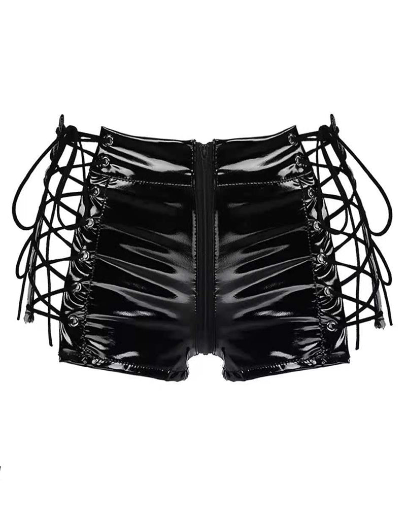 Black glossy shorts with center-front zipper and crisscross lace-up sides