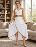 White Grecian halter maxi costume dress with gold trim, sash belt and sheer cape sleeves
