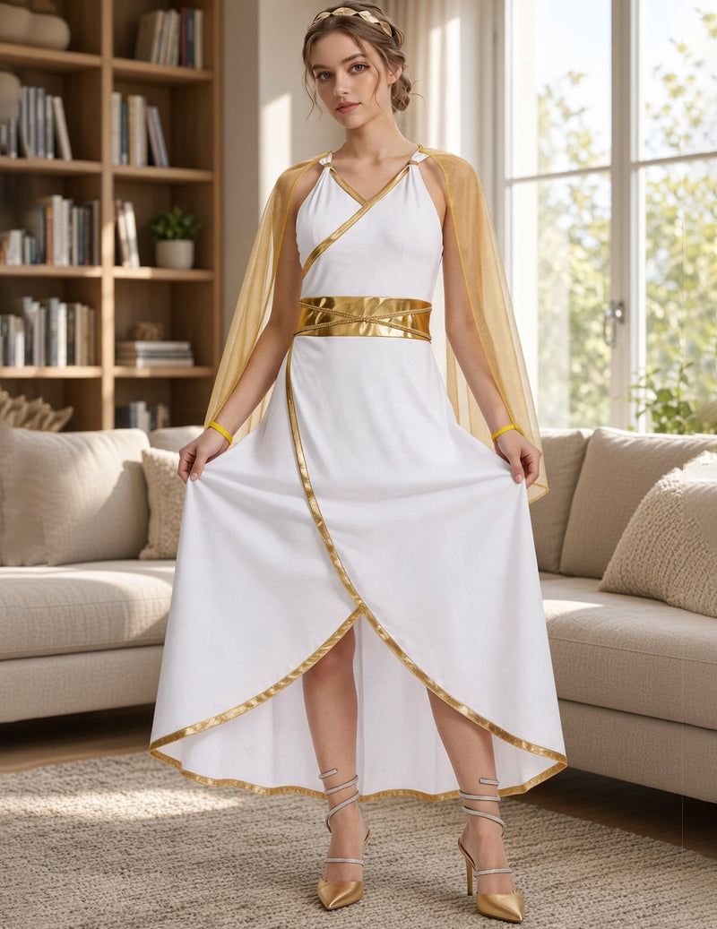 White Grecian halter maxi costume dress with gold trim, sash belt and sheer cape sleeves