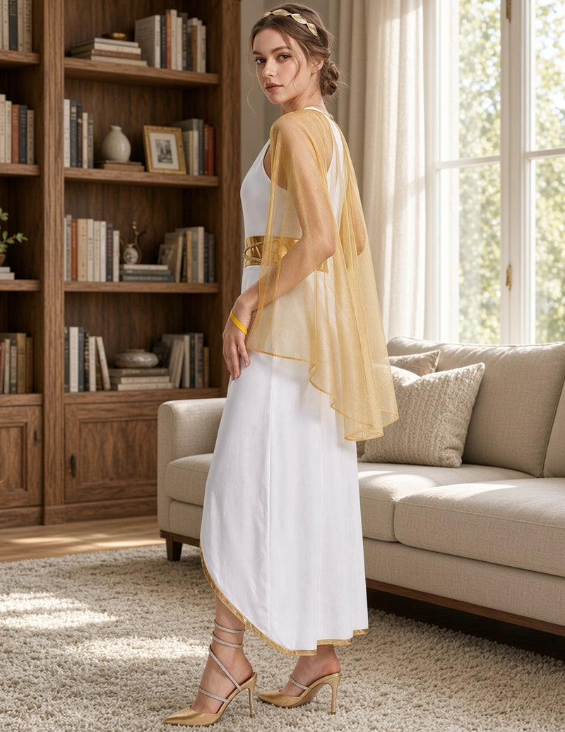 White Grecian maxi costume dress shown from the side, with gold trim and sheer cape sleeves