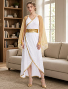 Front view of white Grecian halter maxi dress with gold waistband and crossed skirt panels