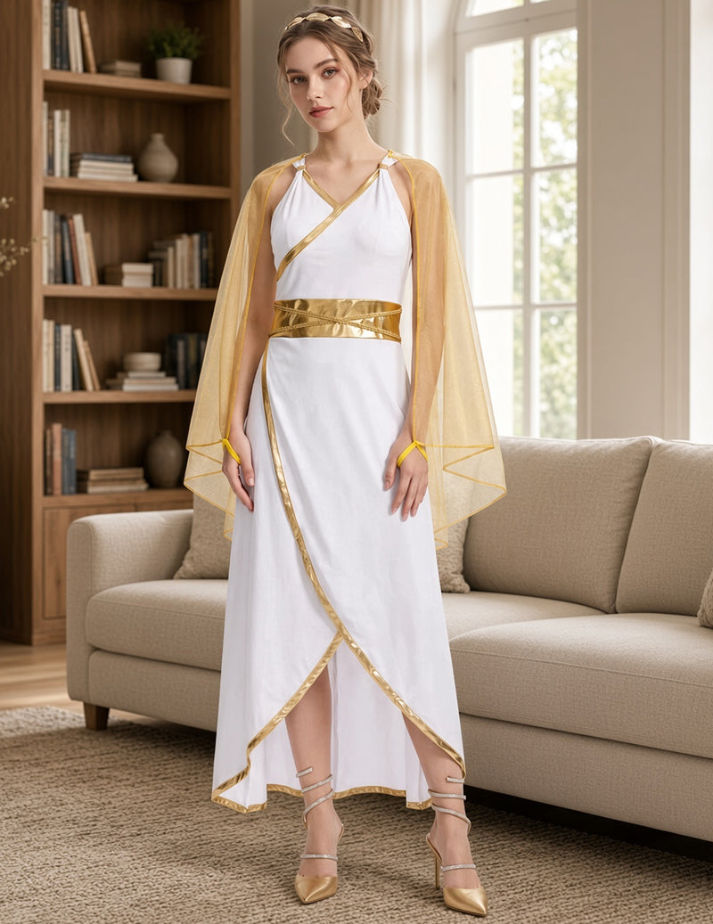 Front view of white Grecian halter maxi dress with gold waistband and crossed skirt panels