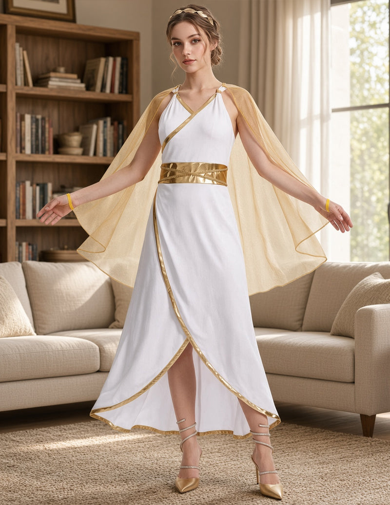 White Grecian costume dress with gold-edged cape sleeves spread open and overlapping skirt