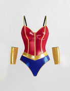 Colorblock sweetheart bodysuit with red cups, blue bottom, gold trim and separate arm cuffs