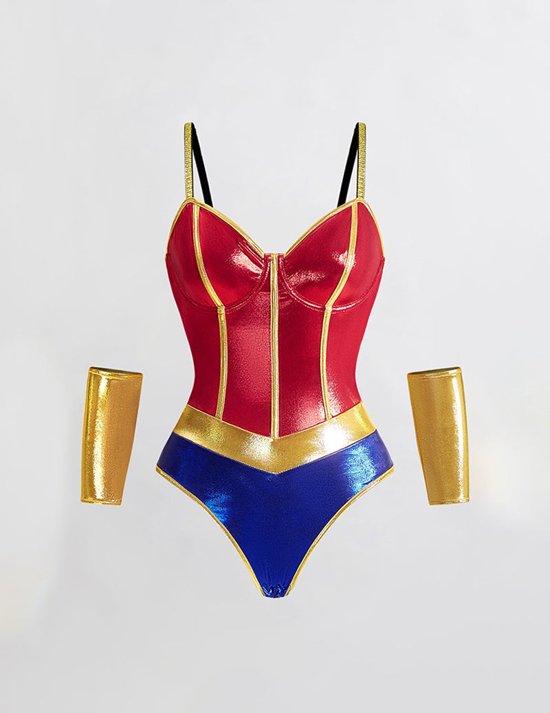 Colorblock sweetheart bodysuit with red cups, blue bottom, gold trim and separate arm cuffs
